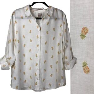 Chico's Womens 100% Linen No Iron Pineapple Printed Button Down Shirt Size 16/18